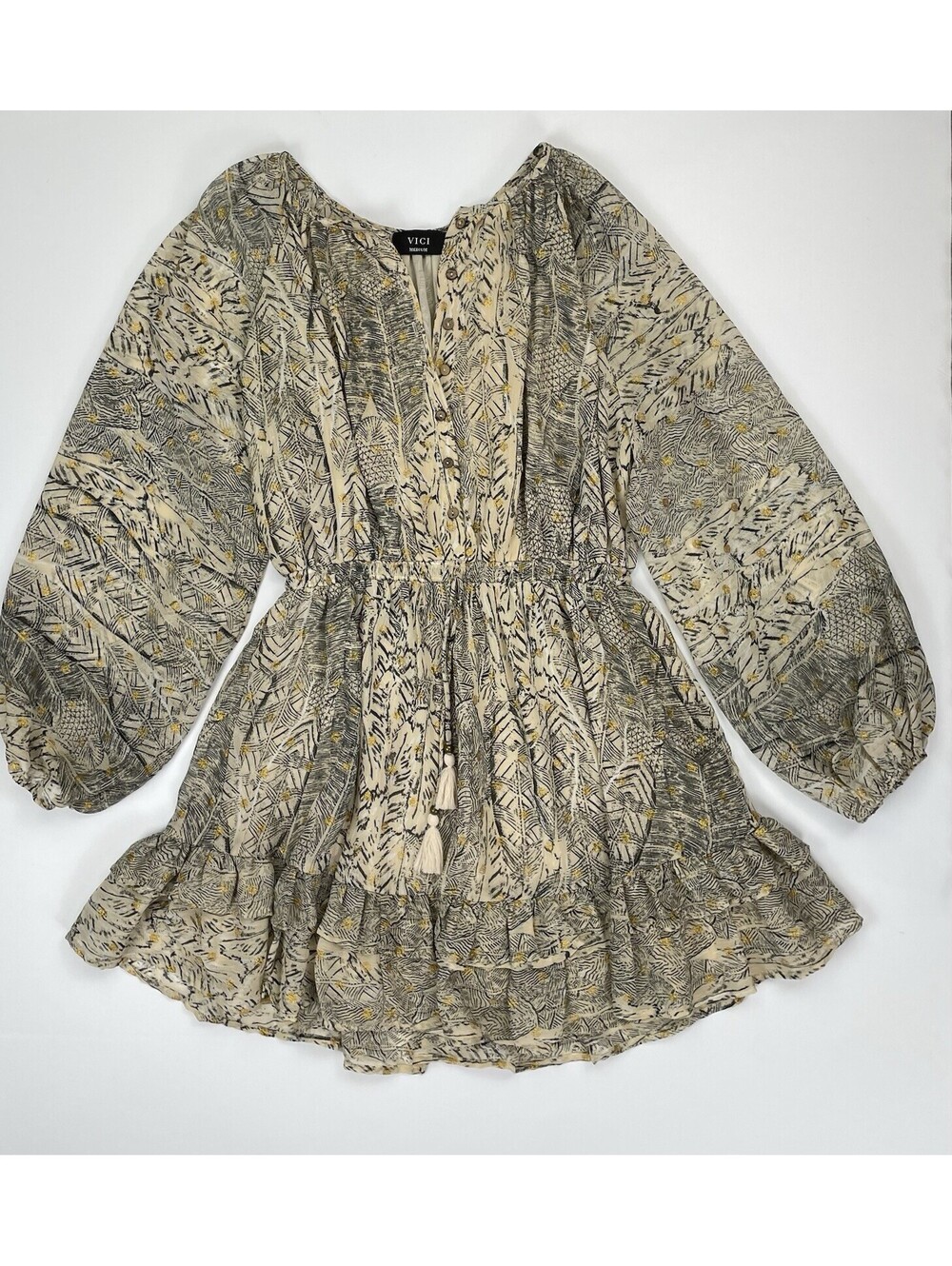 VICI Collection Boho Feather Print Tiered Mini Dress Long Sleeve Tassel M